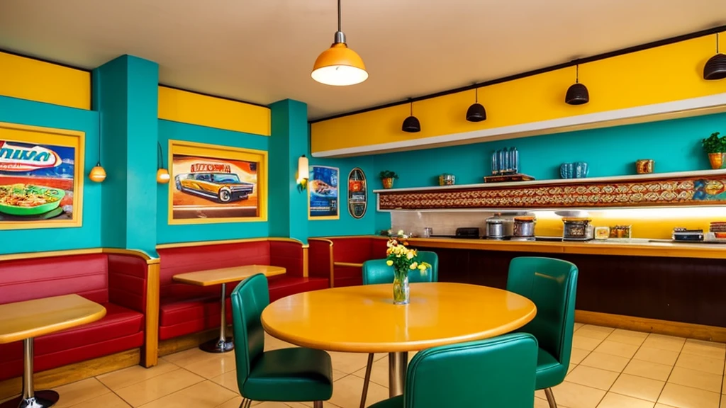 retro cafe interior 70s яркие светлые цвета пастель retro auto pastele colors bright