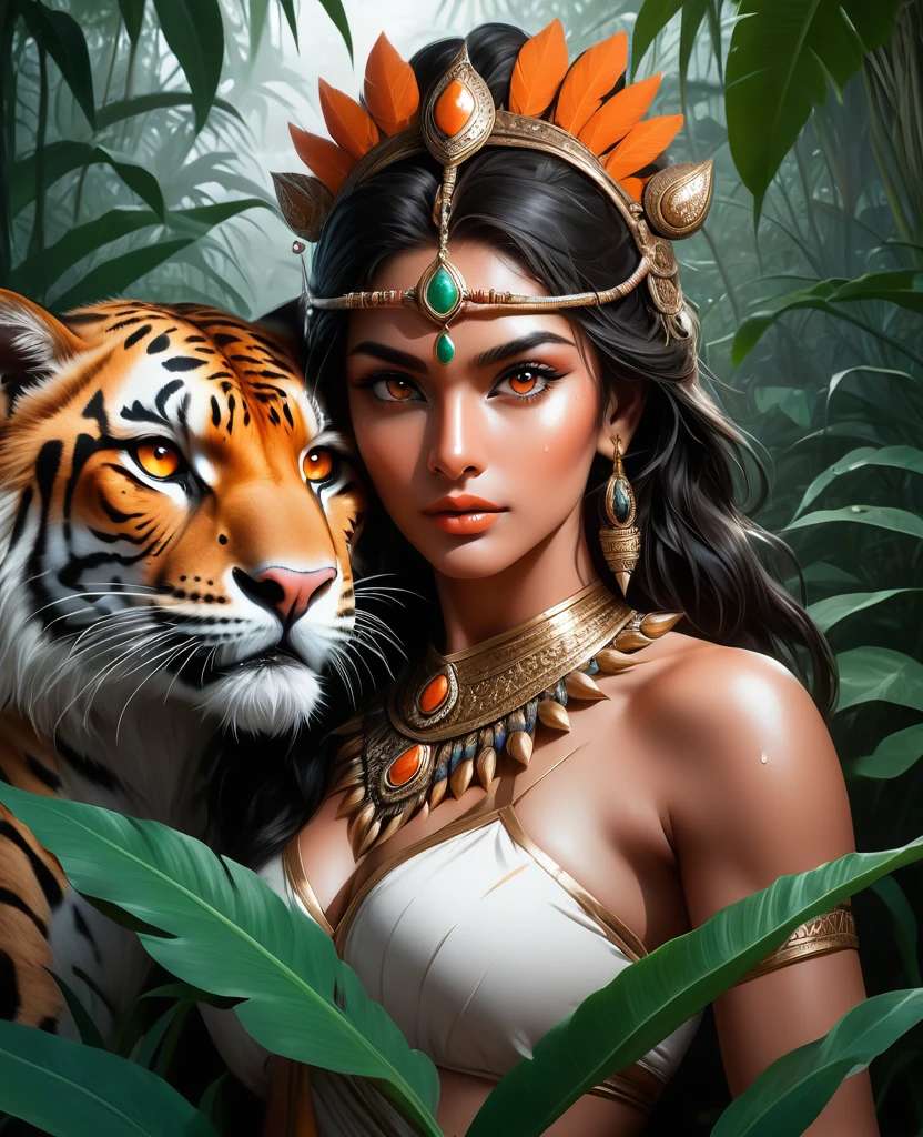 Lush plants，Beautiful Indian girl in Indian costume poses with a scepter and a ferocious cheetah in the jungle， Deep orange eyes, black and white, black background, (best quality,4K,8K,high resolution,masterpiece:1.2),Extremely detailed,(Practical,photoPractical,photo-Practical:1.37),Highly detailed animal portraits, Dramatic Lighting, Powerful predator, Intense expression, Fascinating eyes, Smooth spotted fur, muscular, Low angle shot, Close-up view, Minimalist composition, High contrast water drops on leaves