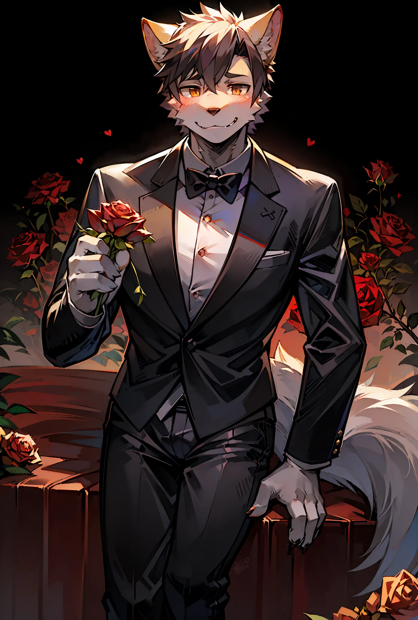 Watercolor elements, 1boy, kemono, furry, detailed body fur, animal face, animal hand, Handsome boy in tuxedo holding a red rose and looking at viewer,