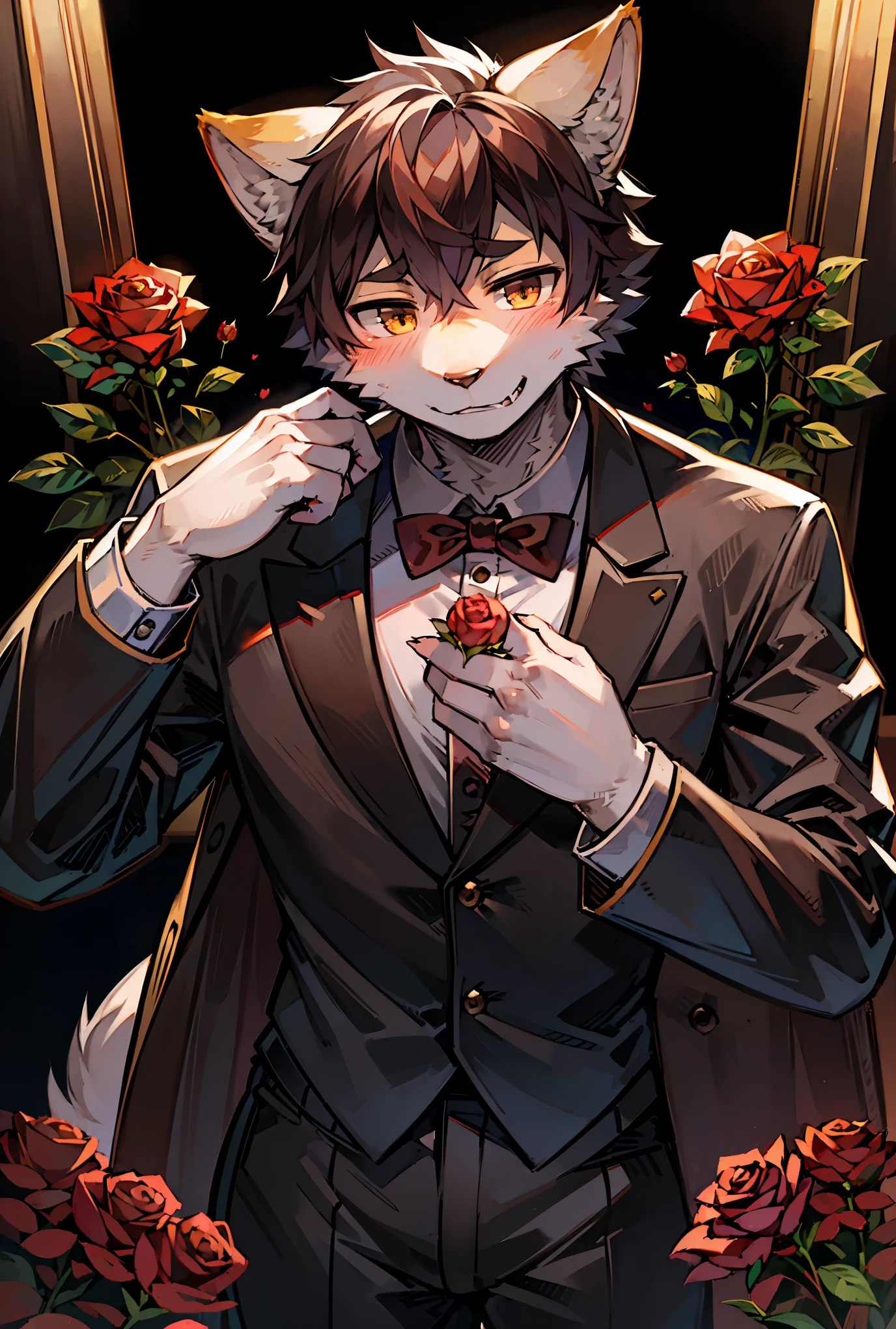 Watercolor elements, 1boy, kemono, furry, detailed body fur, animal face, animal hand, Handsome boy in tuxedo holding a red rose and looking at viewer,