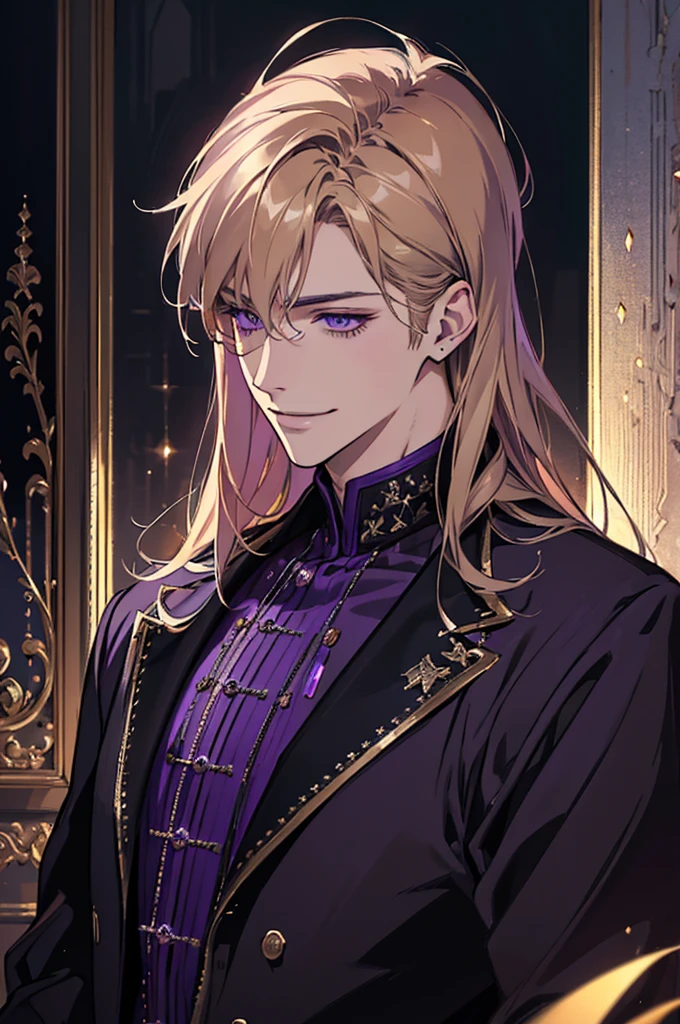 {(Best Quality, 8k, Masterpiece, HDR, soft lighting, Perfect picture, digital illustration, Manga art, Hyper detailed image, perfect lines, realist)} 1 very handsome man, dark blonde hair, violet eyes, luxurious clothing (imposing posture, smiling), {(black background with purple sparkles)}