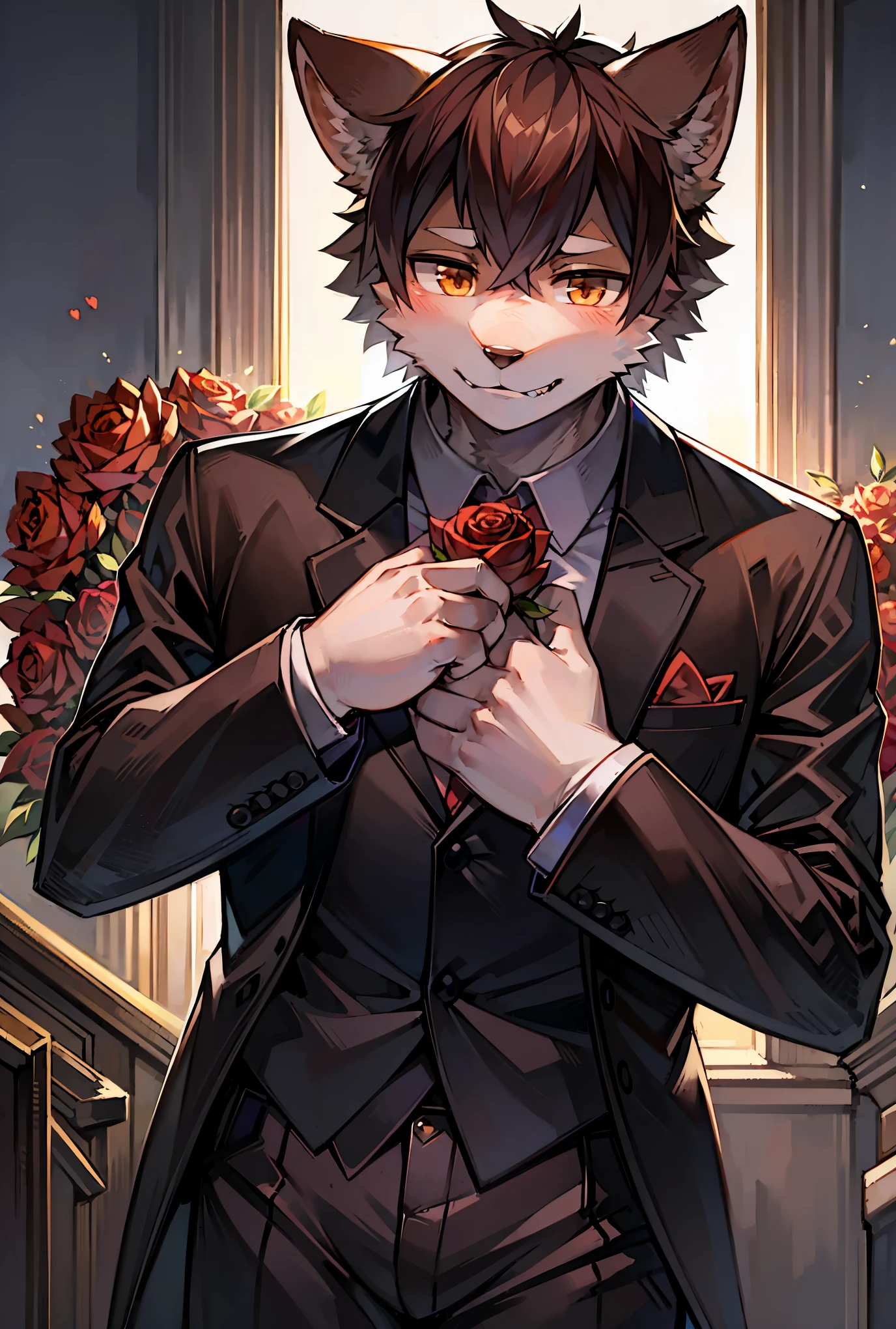 Watercolor elements, 1boy, kemono, furry, detailed body fur, animal face, animal hand, Handsome boy in tuxedo holding a red rose and looking at viewer,