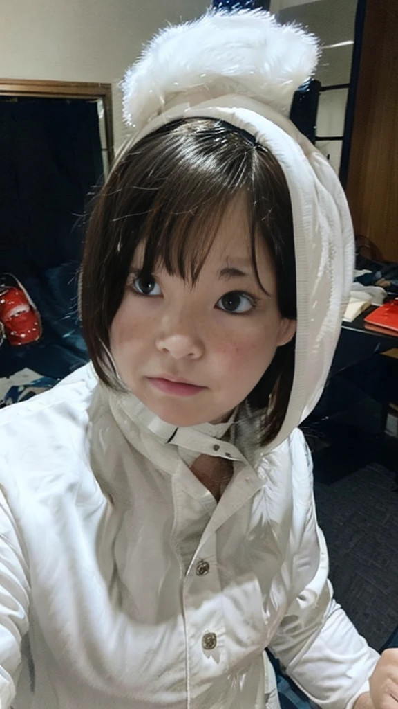 Middle-aged women Sweaty face Painful expression Steam coming out of the head Humidity I'm wearing a costume Only the head is exposed Wearing a monster suit