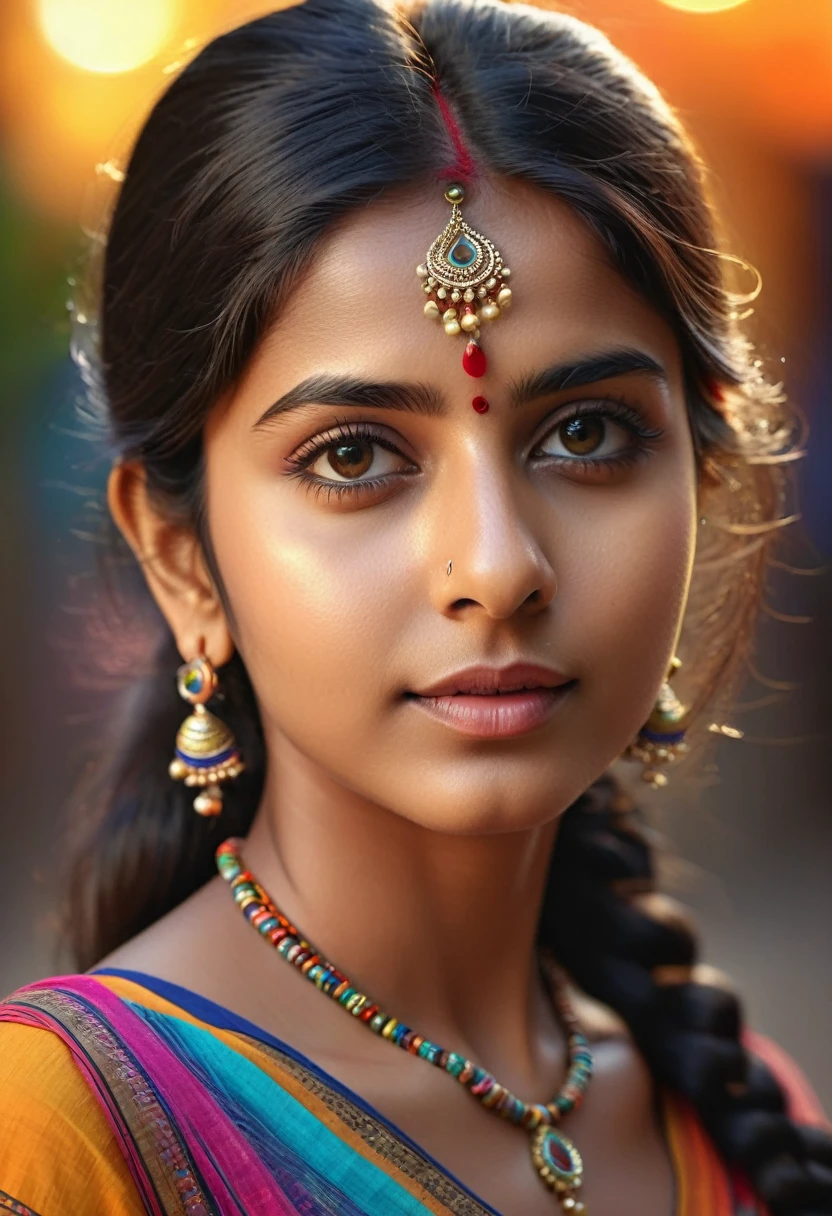 a cute indian girl, colorful tight t-shirt, intricate detailed facial features, beautiful long eyelashes, striking eyes, natural glowing skin, (best quality,4k,8k,highres,masterpiece:1.2),ultra-detailed,(realistic,photorealistic,photo-realistic:1.37),hyper detailed portrait, vibrant colors, warm lighting, cinematic composition, intricate details