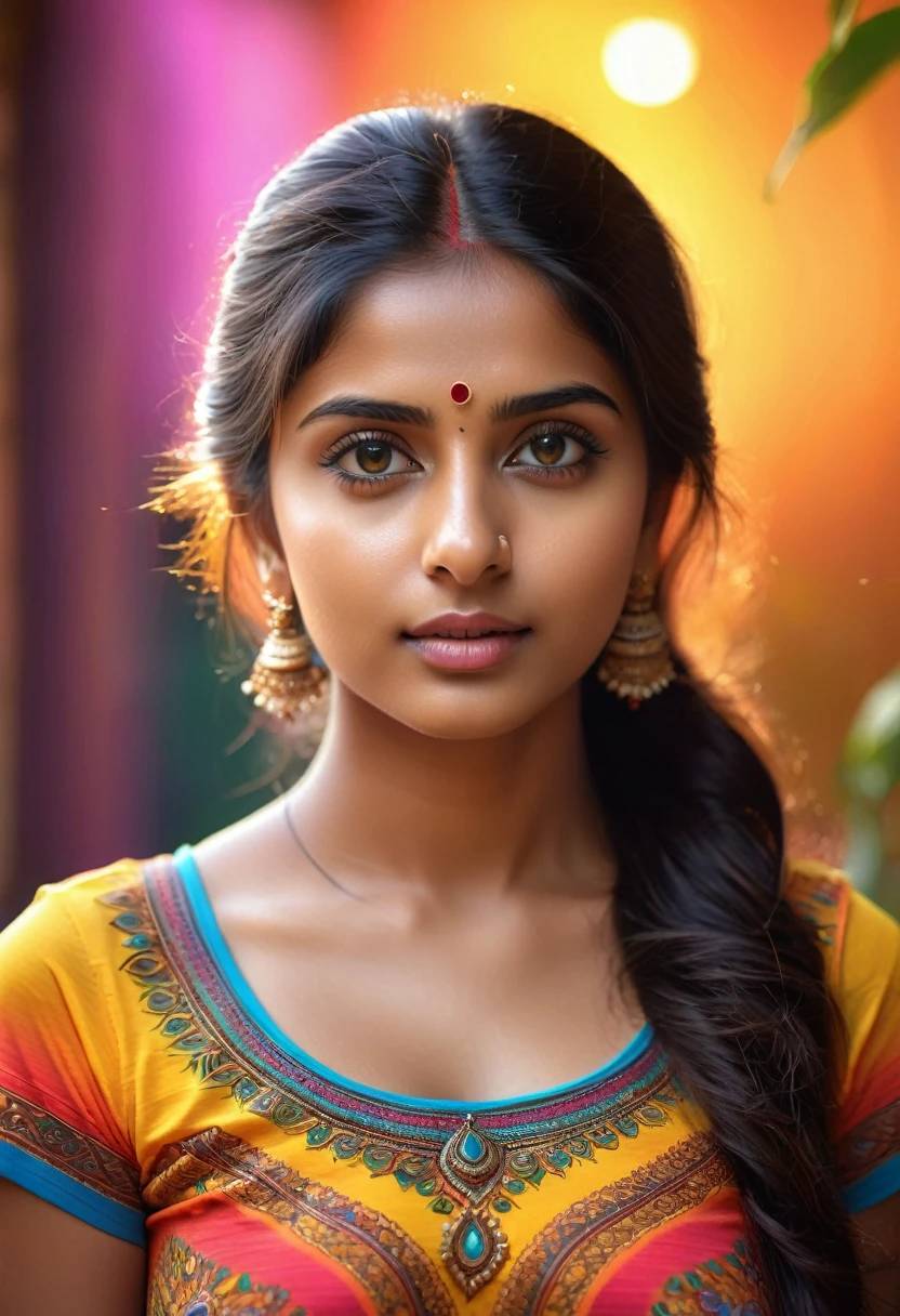 a cute indian girl, colorful tight t-shirt, intricate detailed facial features, beautiful long eyelashes, striking eyes, natural glowing skin, (best quality,4k,8k,highres,masterpiece:1.2),ultra-detailed,(realistic,photorealistic,photo-realistic:1.37),hyper detailed portrait, vibrant colors, warm lighting, cinematic composition, intricate details