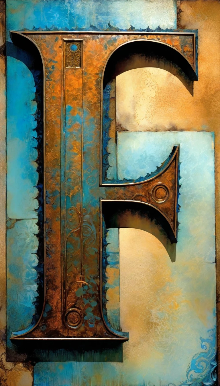 blue rusty metallic letter I, letter: "I" (Dave Mckean inspired art, intricate details, oil painting)