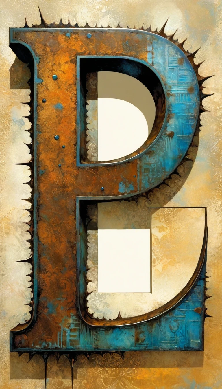 blue rusty metallic letter I, letter: "I" (Dave Mckean inspired art, intricate details, oil painting)
