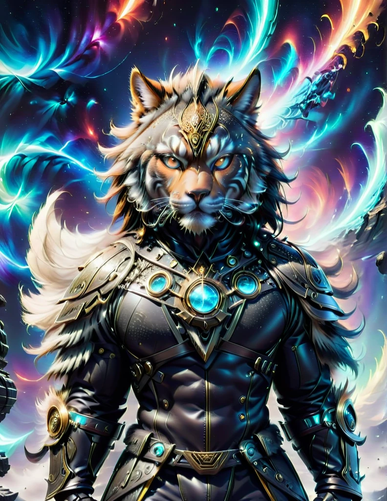 A high-resolution image of a science fiction Mongolian warrior with mask. He is adorned in fur armor combined with chainmail, with elements of carbon integrated into the design. He stands beside a futuristic ((balance bike)), made of sleek chrome and advanced materials. In one hand, he holds a (laser gun), its barrel glowing faintly. The warrior is powered by nuclear energy, with subtle indicators of this power source on his armor. The background is a dark void, with energy particles swirling around him, casting a soft light on the chrome and carbon surfaces. The overall scene blends ancient warrior aesthetics with futuristic technology, creating a striking and dynamic visual.