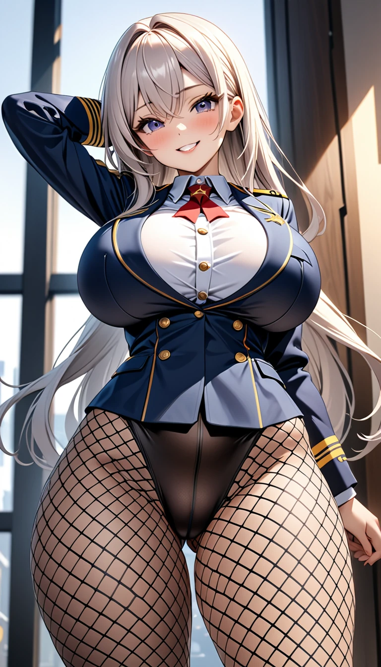 (Highest quality、Masterpiece、Very detailed、4K)、One woman、Big Breasts、************、uniform、((Confident々))、smile、Thighs、(Big Fishnet Tights)