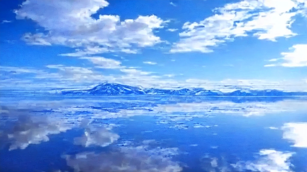 arafly shot of a calm lake with clouds reflecting in the water, marvellous reflection of the sky, still water calm as a mirror, mirror like water, constructed upon salar de uyuni, at the salar de uyuni, at salar de uyuni, incredibly beautiful, beautiful reflexions, the sky is beautiful and clear, heaven on earth