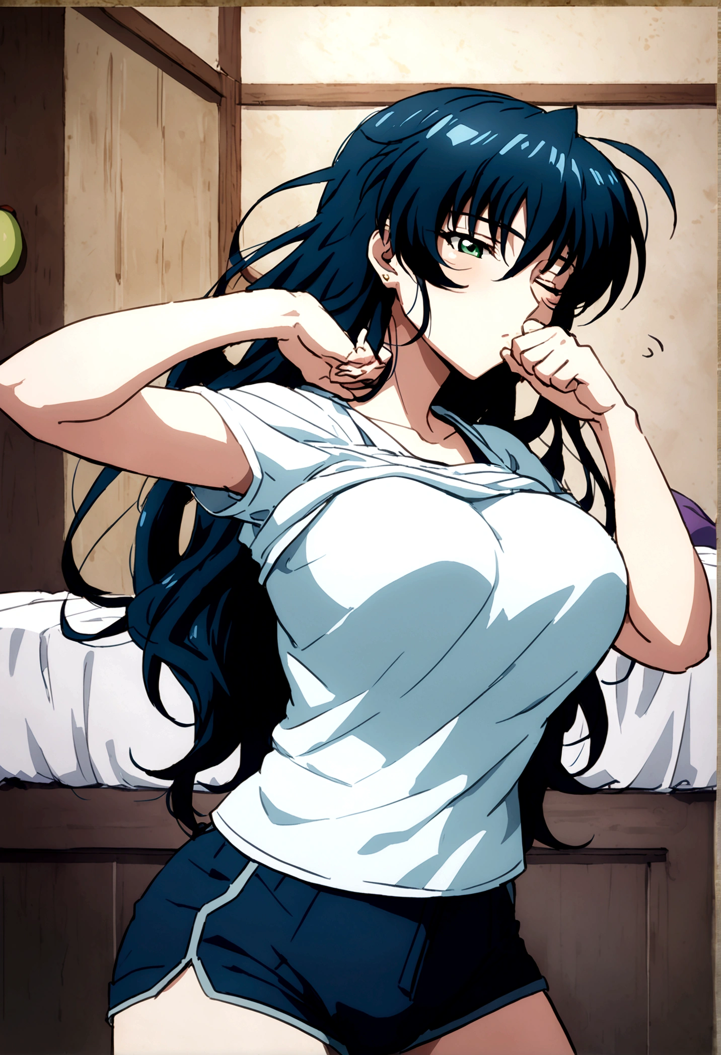 Large , anime girl with blue hair and green eyes long haired, misato katsuragi, portrait knights of zodiac girl, fubuki, kusanagi, inspired by Rei Kamoi, nico robin, ikki tousen, knights of zodiac girl, juri misaki, gainax anime style, close view 8K,HD,Wallpaper masterpiece 1.3, large , Sleepy, just got out of bed, messy hair, Rubbing eyes, one arms below shirt, shirt lift up, shorts, bedroom backround 