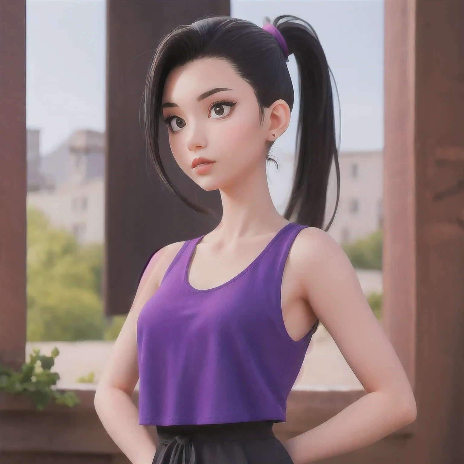 A girl in a 紫粉色 dress poses for a photo, Sleek black hair, Hair tied into a sleek low ponytail, Comb your hair back, 短Comb your hair back, She wears a black vest, 2 4-year-old female model, Very purple pink short Comb your hair back, Slicked-back hair, 19-year-old French girl, 1 girl, 独奏，a girl in a black dress posing for a picture, slicked black hair, hair in slick low ponytail, slicked-back hair, short slicked - back hair, she is wearing a purple tank top, 19 year old female model, very short slicked - back hair, slicked back hair, 19-year-old french girl，