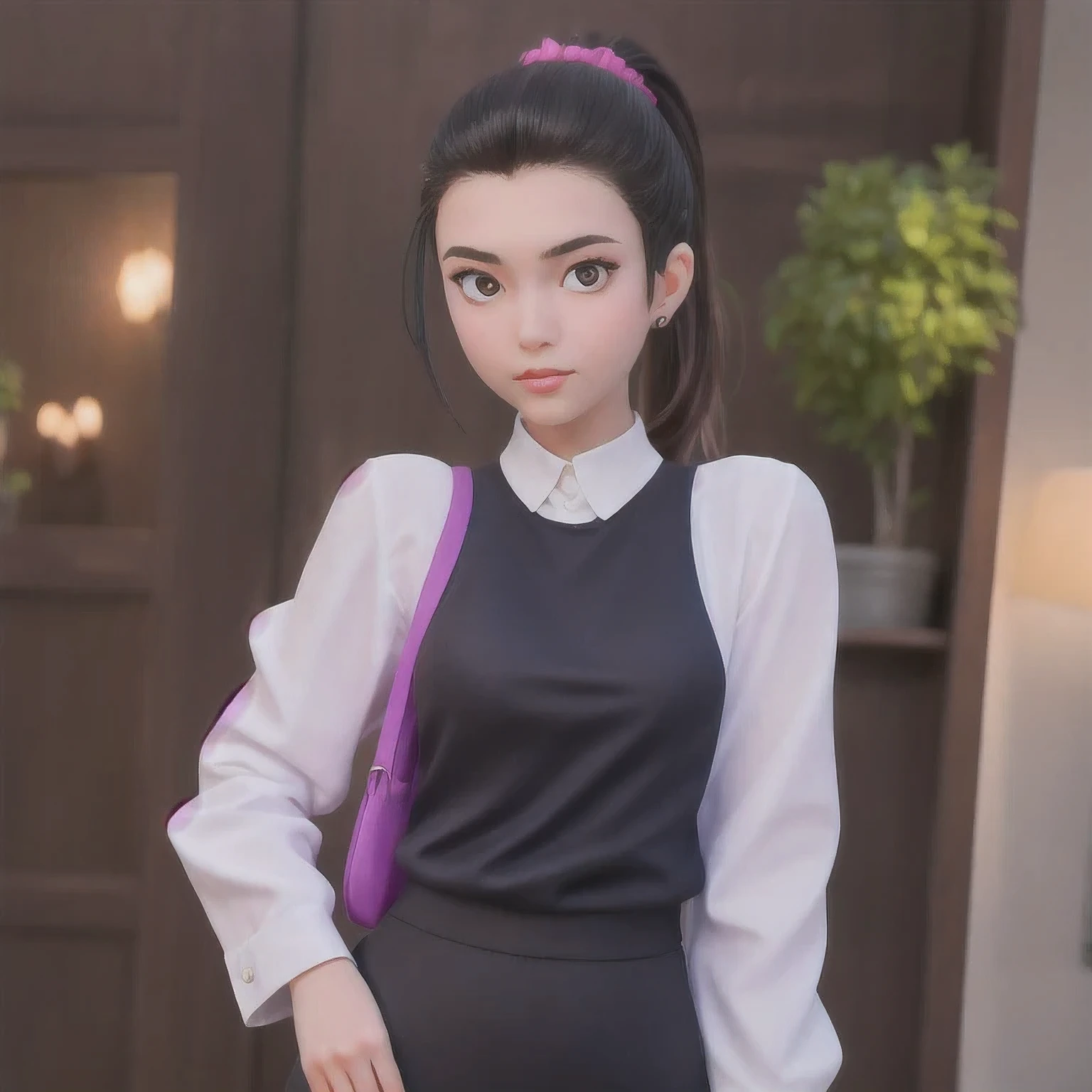 A girl in a 紫粉色 dress poses for a photo, Sleek black hair, Hair tied into a sleek low ponytail, Comb your hair back, 短Comb your hair back, She wears a black vest, 2 4-year-old female model, Very purple pink short Comb your hair back, Slicked-back hair, 19-year-old French girl, 1 girl, 独奏，a girl in a black dress posing for a picture, slicked black hair, hair in slick low ponytail, slicked-back hair, short slicked - back hair, she is wearing a purple tank top, 19 year old female model, very short slicked - back hair, slicked back hair, 19-year-old french girl，