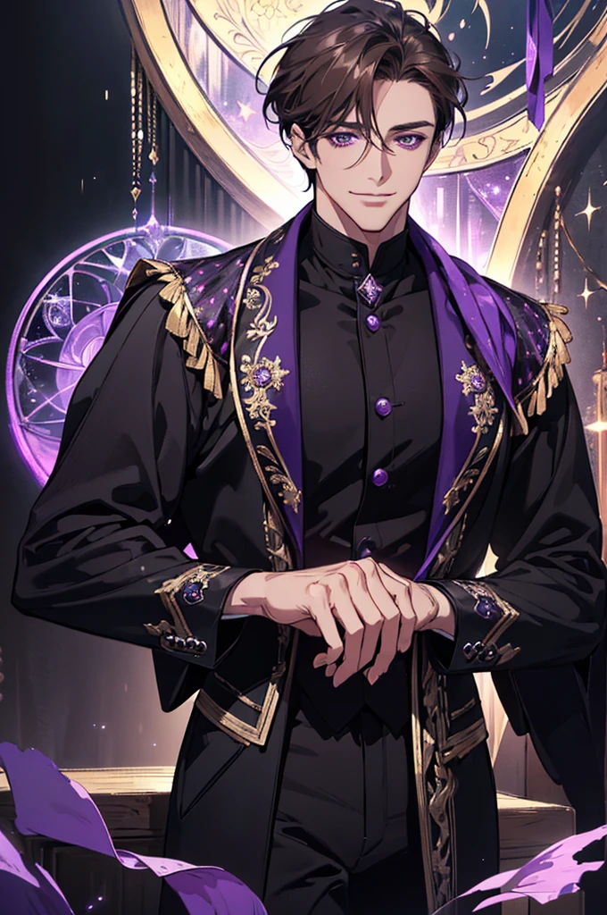 {(Best Quality, 8k, Masterpiece, HDR, soft lighting, Perfect picture, digital illustration, Manga art, Hyper detailed image, perfect lines, realist)} 1 very handsome 40 year old man, short dark blonde hair, violet eyes, luxurious clothing (imposing posture, smiling), {(black background with purple sparkles)}