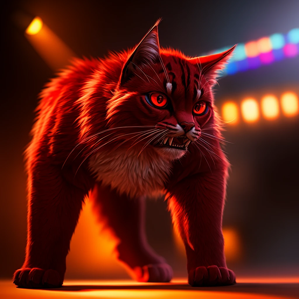 a large red-eyed furry cat with sharp teeth, red fur, highly detailed, photorealistic, 8k, hyperrealistic, HDR, studio lighting, dramatic lighting, striking pose, vibrant colors, depth of field