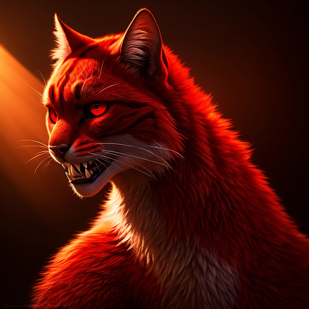 a large red-eyed furry cat with sharp teeth, red fur, highly detailed, photorealistic, 8k, hyperrealistic, HDR, studio lighting, dramatic lighting, striking pose, vibrant colors, depth of field