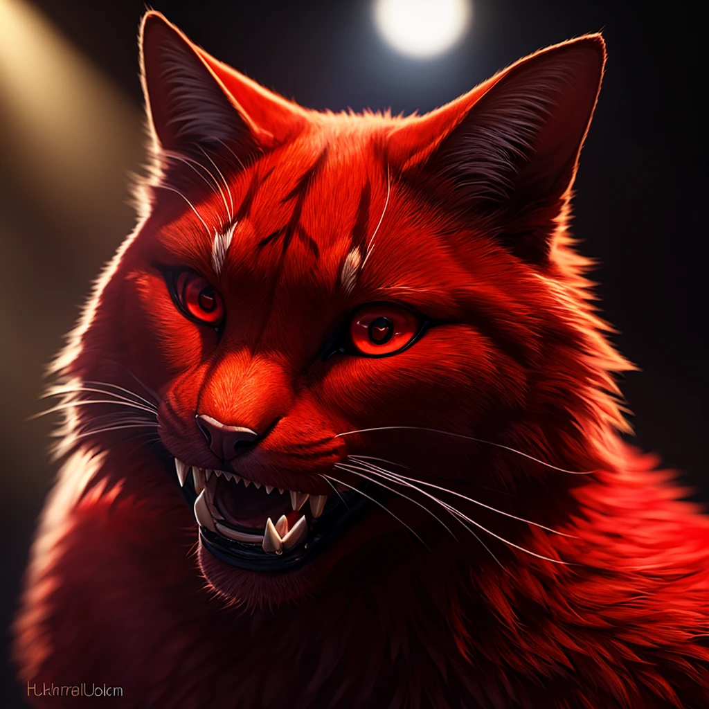 a large red-eyed furry cat with sharp teeth, red fur, highly detailed, photorealistic, 8k, hyperrealistic, HDR, studio lighting, dramatic lighting, striking pose, vibrant colors, depth of field