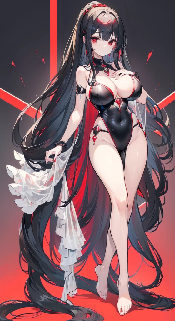 (Exquisite eyes),(Clear and beautiful eyes:1.61),masterpiece, 1 young girl,(Black clothes and some red gems), Black long hair, (She has a huge red gem on her chest), Good Hand,((The Havoc of StarCraft)),full-body shot,Fighting Stance,(Red Eyes:1.466)，short and small,(Very big breasts:1.35),(Pretty Face),(full-body shot:1.33),Beautiful hands