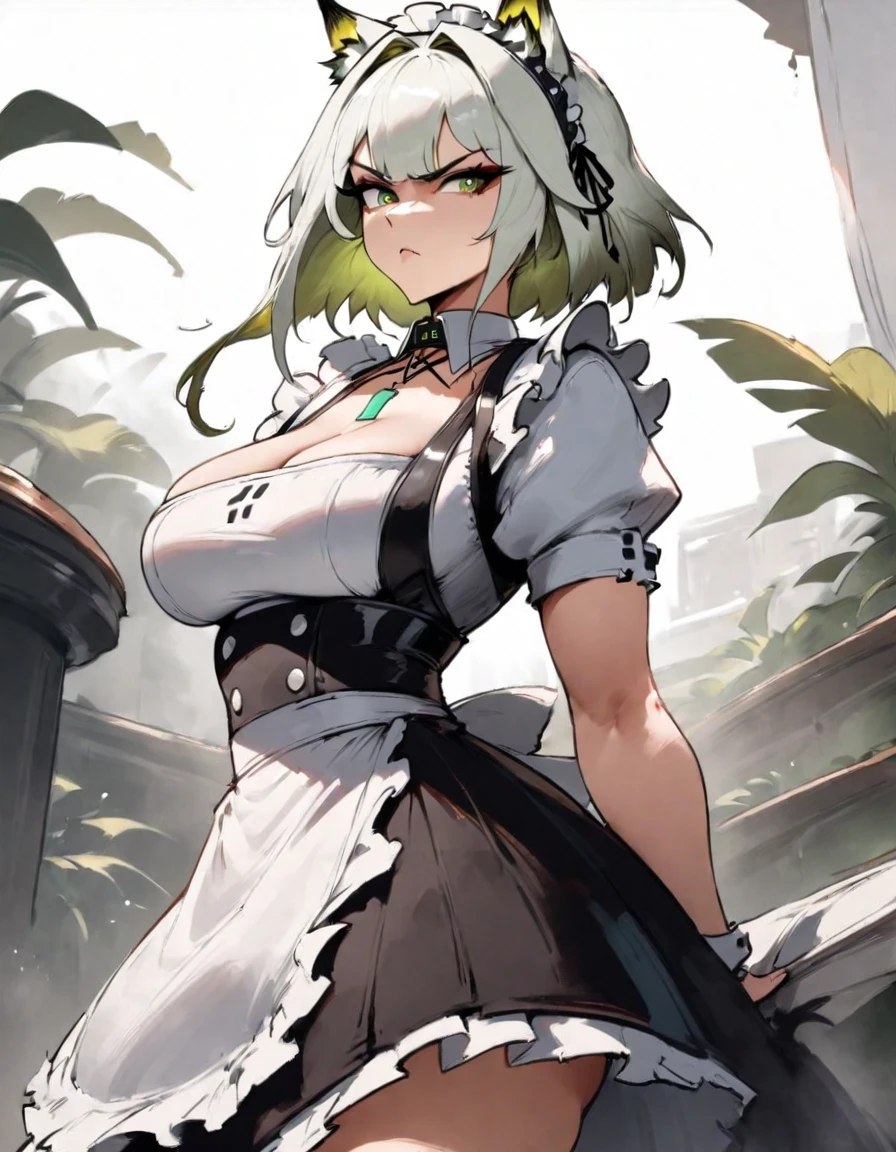 1girl, kal'tsit \(arknights\), arknights \\\\\ masterpiece, best quality, very aesthetic, absurdres, newest \\\\\\ slim body,///// ,by nyantcha,cutesexyrobutts , by khyle,,////// beautiful face, sexy, serious, angry, green eyes, animal ears, big tits,victorian maid
, solo,maid uniform, ,skirt, black and white clothes, white background