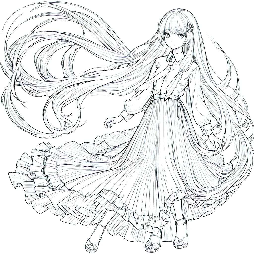 (Perfect body),Best Quality,16K、masterpiece, alone, White long sleeve shirt, Long skirt、tie、Straight long hair, clear、simple background, White Background, Monochrome, Line art, ((sketch))