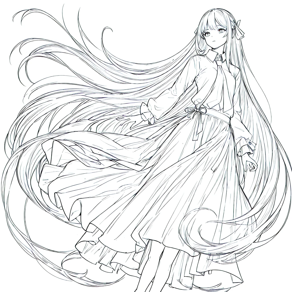 (Perfect body),Best Quality,16K、masterpiece, alone, White long sleeve shirt, Long skirt、tie、Straight long hair, clear、simple background, White Background, Monochrome, Line art, ((sketch))