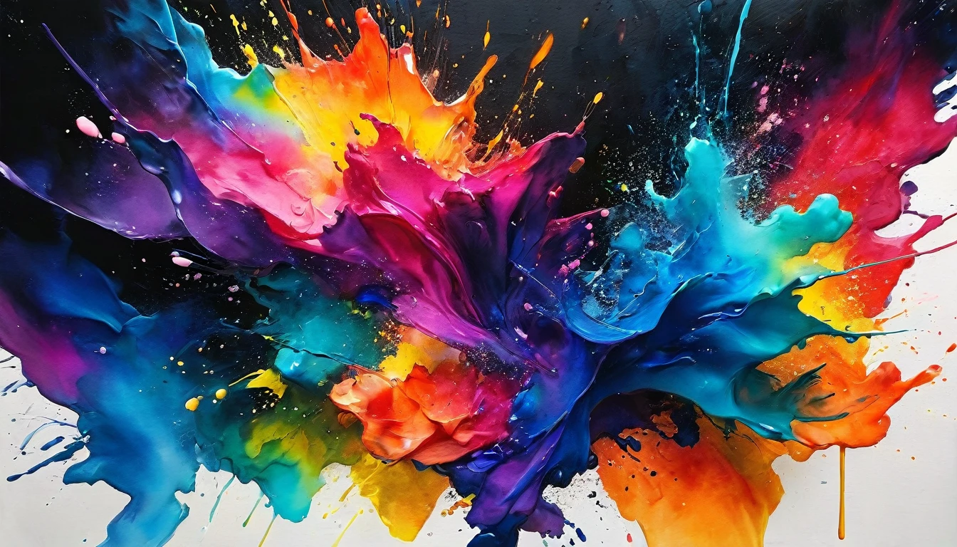 Create a dynamic 3D watercolor scene where vivid colors burst and spread across a full black background, infused with a metallic shine that catches the light and adds depth and dimension.