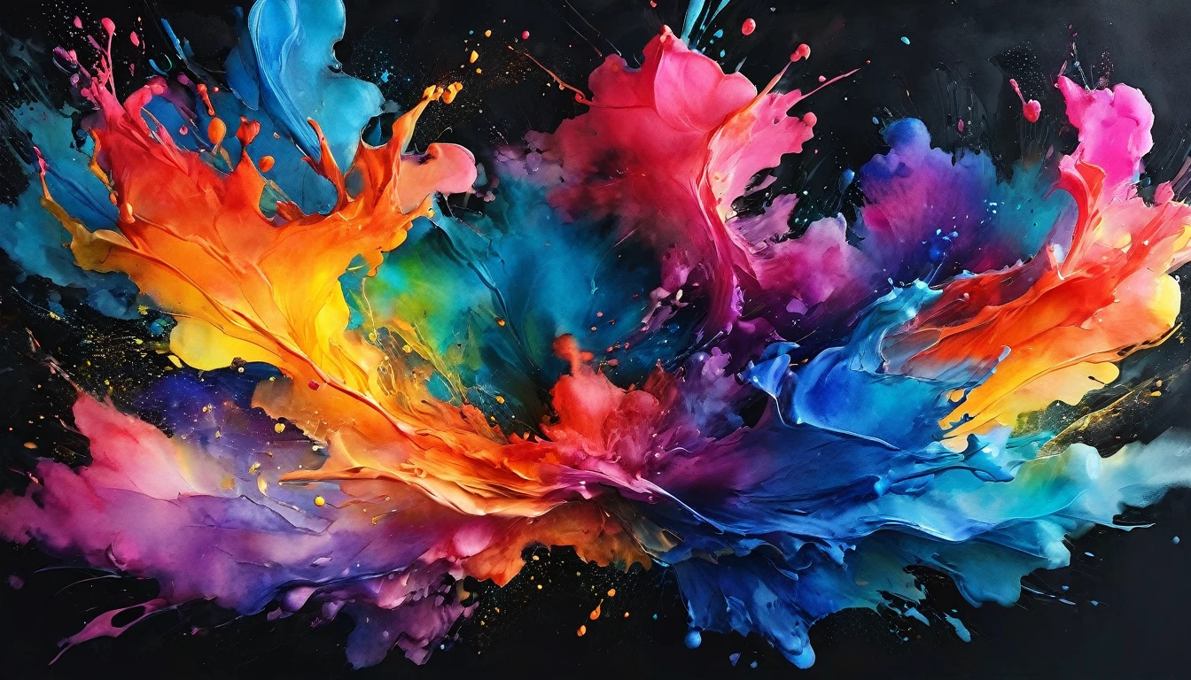 Create a dynamic 3D watercolor scene where vivid colors burst and spread across a full black background, infused with a metallic shine that catches the light and adds depth and dimension.