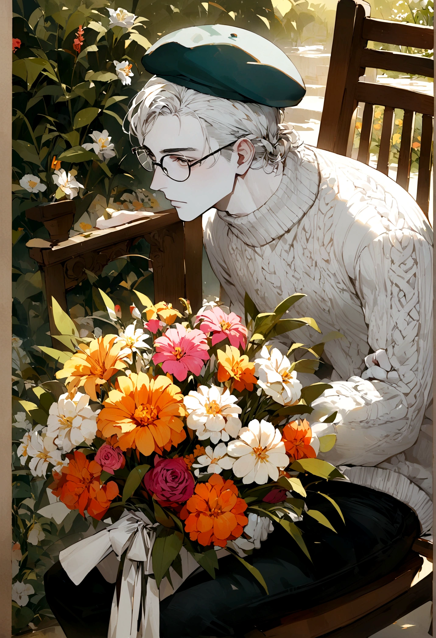 Male, handsome, white skin, wears a white whool sweater with paint stains, wears black jeans, wears a paintor beret, wears glasses, wears has a flower pin on his hair of a Lycoris Radiata, sat in a chair in middle of a garden while painting a flowers bouquet