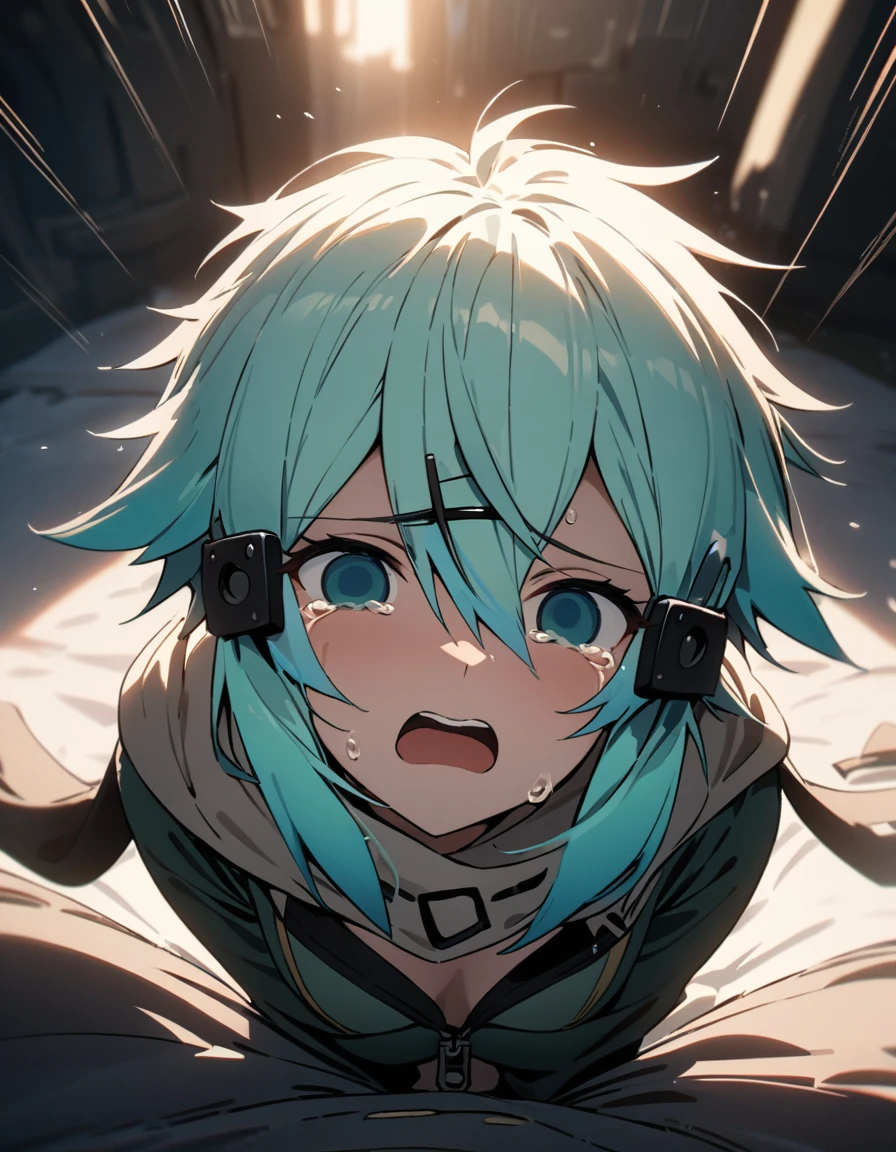 ( girl, sinon ),  (motion lines, ), (cinematic lighting), ( girl, pov, hetero, ), ( empty eyes, ), ( tears, ), (tender expressions, ), (masterpiece, best quality, ultra detailed), full body 