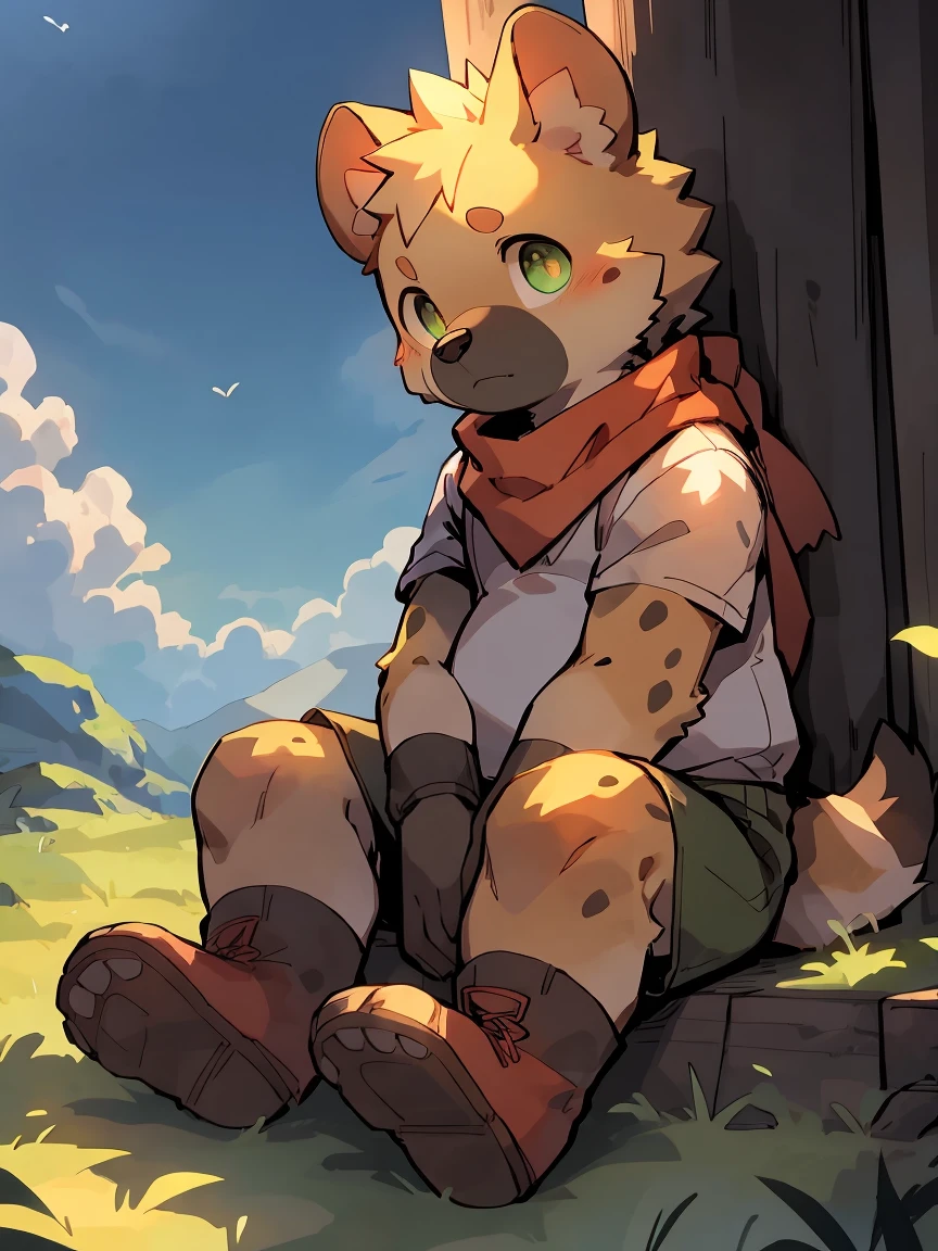 masterpiece, best quality, Perfect anatomical structure, Bright Eyes, Big watery eyes, Provided by RUHU1145, hairy, (Spotted hyena), fur(trigger:0.3), Boys,Spots on the face,Solitary,Shy,White short sleeve,Orange scarf,Dark green shorts,Sitting,(Sit in the shade),grassland,Dynamic feeling of wind,Look up at the sky,Blue sky,(Chubby body)