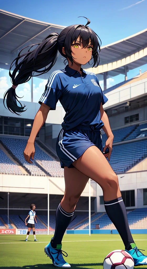 Black anime women, black hair tied up, wearing blue soccer kit, wearing soccer boots, on the stadium, kicking ball, nike soccer kit, blue, long tied hair, teenager