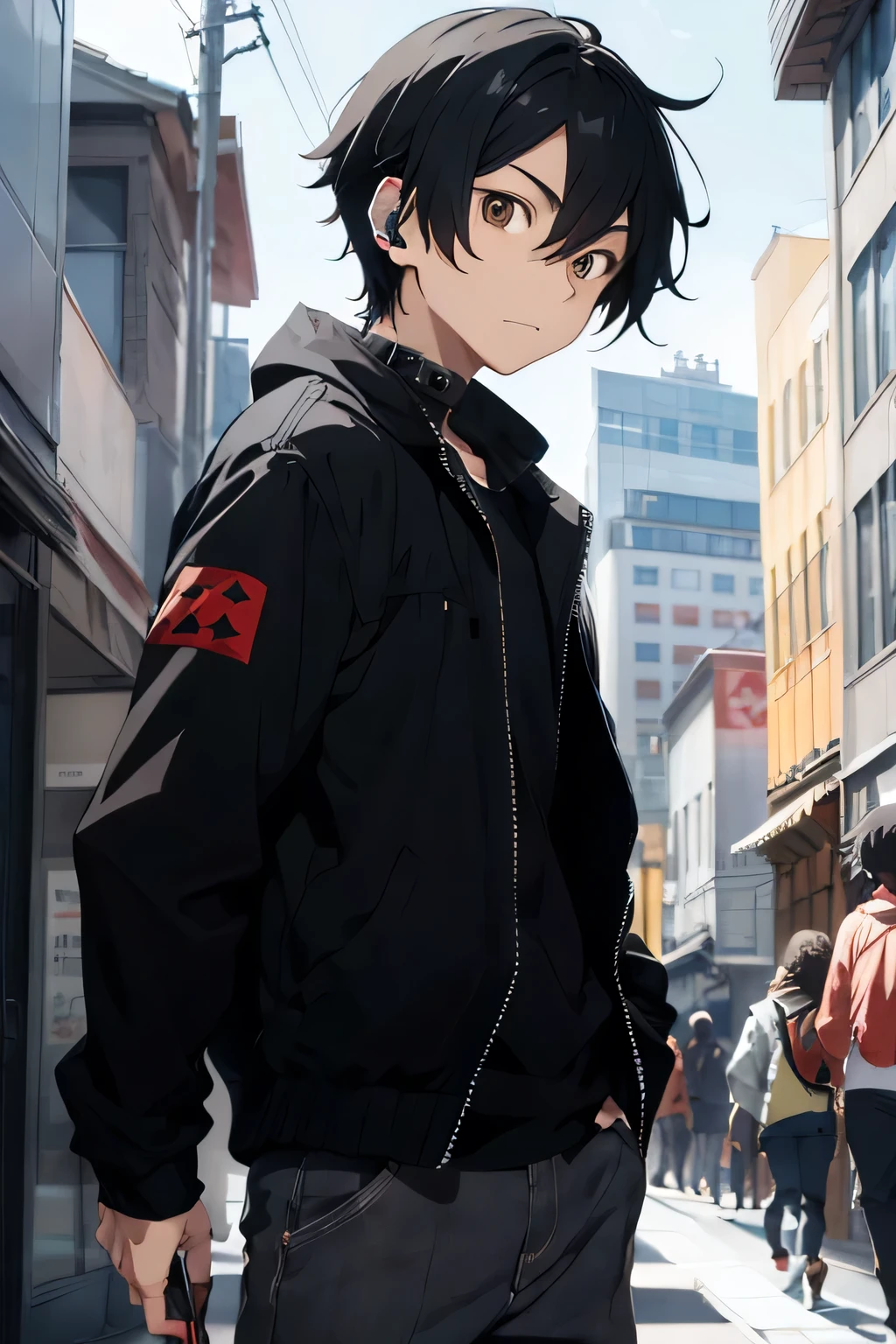 Anime-style age boy with black hair, wearing a black jacket, headphones around his neck, looking at the screen. Make sure the style is clearly anime with sharp lines, vibrant colors, expressive eyes and brown eyes.