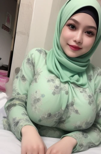 ((HIJAB)), "Oki Setiana Dewi", ("Light Green Hijab Floral pattern Naked"), Chubby Wearing "Lace Floral Pattern Bra" & Short Hairy Pussy, "Facial expression in happy smile", "Light Green", "Light Green Lips", "Bokeh", "Very happy facial reaction", ((HEAVY HUGE BREASTS TITS))