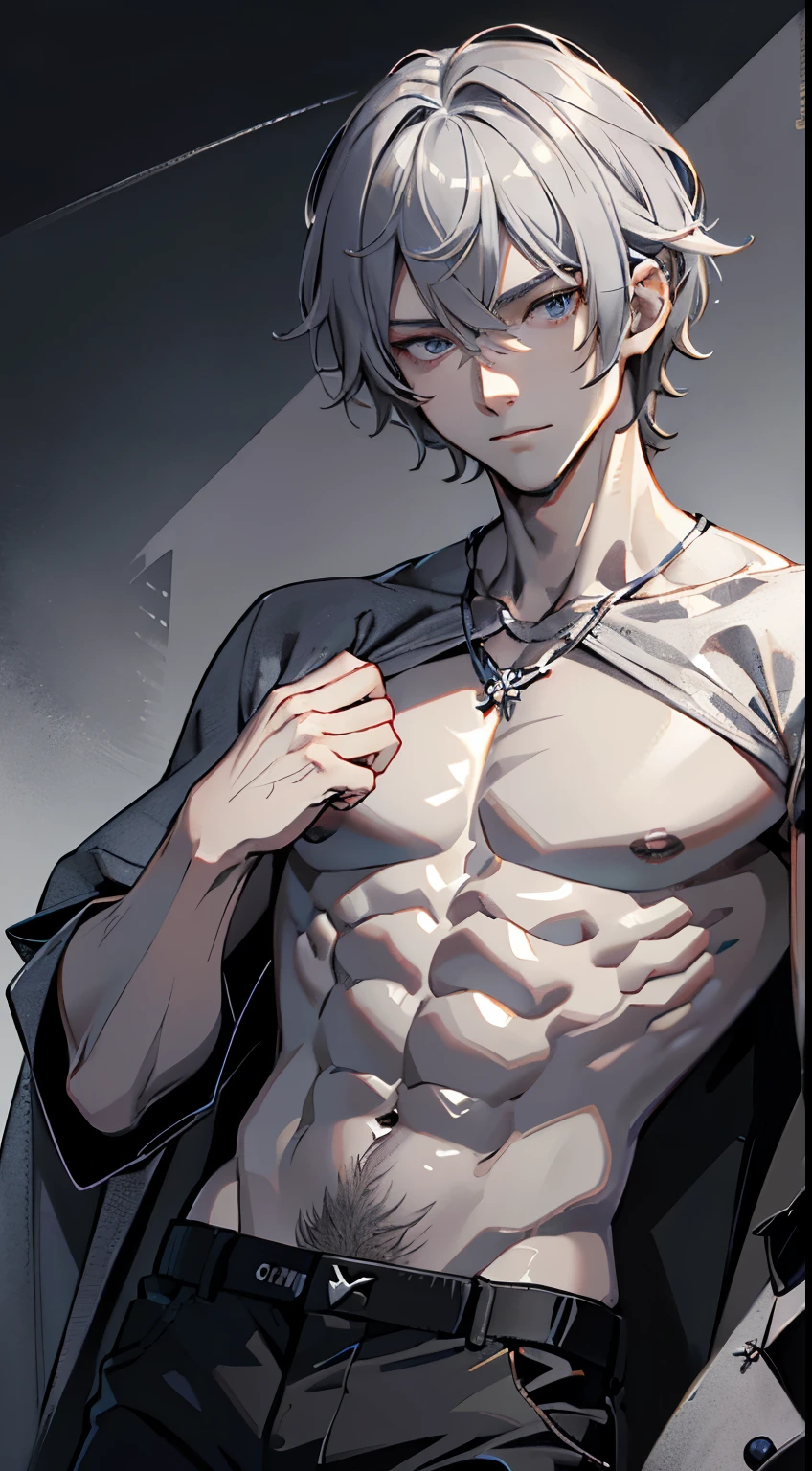 4K, high resolution, Best quality, Masterpiece, perfect colors, perfectly shaded, Perfect lighting, posted on e621, (by Chunie), anthro, ((Portrait)), （（Handsome man））, perfect male figure, short detailed hair，Wear men's shorts,Abusculature, muscle，Abs， upper body，Detailed face, Perfect face, (The stands up), Detailed background, ((Bonifasko lighting)), (Detailed eyes), perfect pupils，（(Silver-gray skin）)