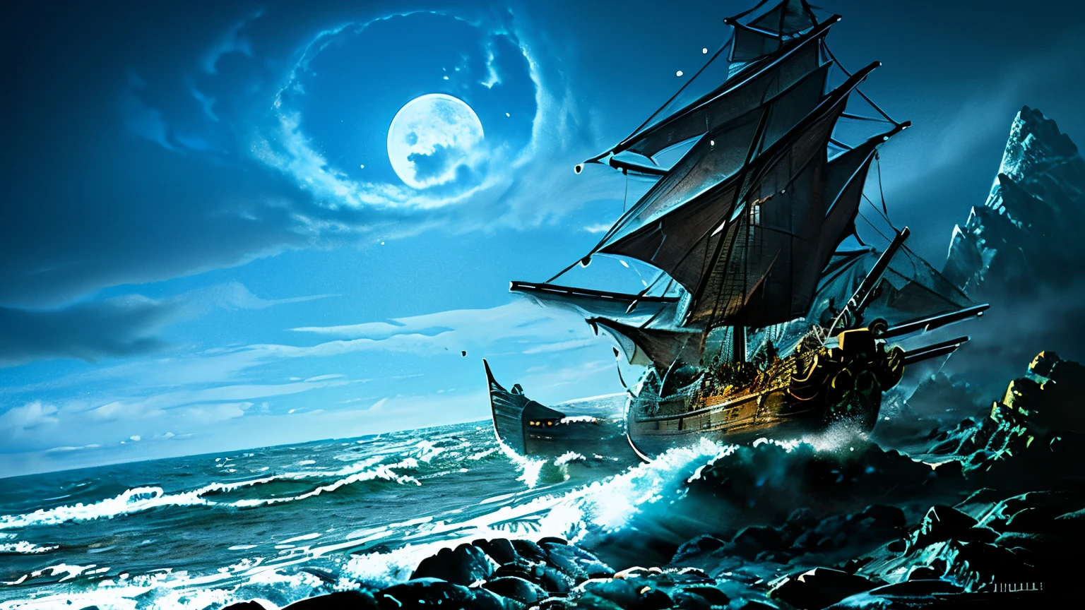 a viking ship sailing on a stormy ocean at night, massive waves crashing against the hull, a starry night sky with a full moon overhead, snow-capped mountains in the distance, dramatic lighting and atmosphere