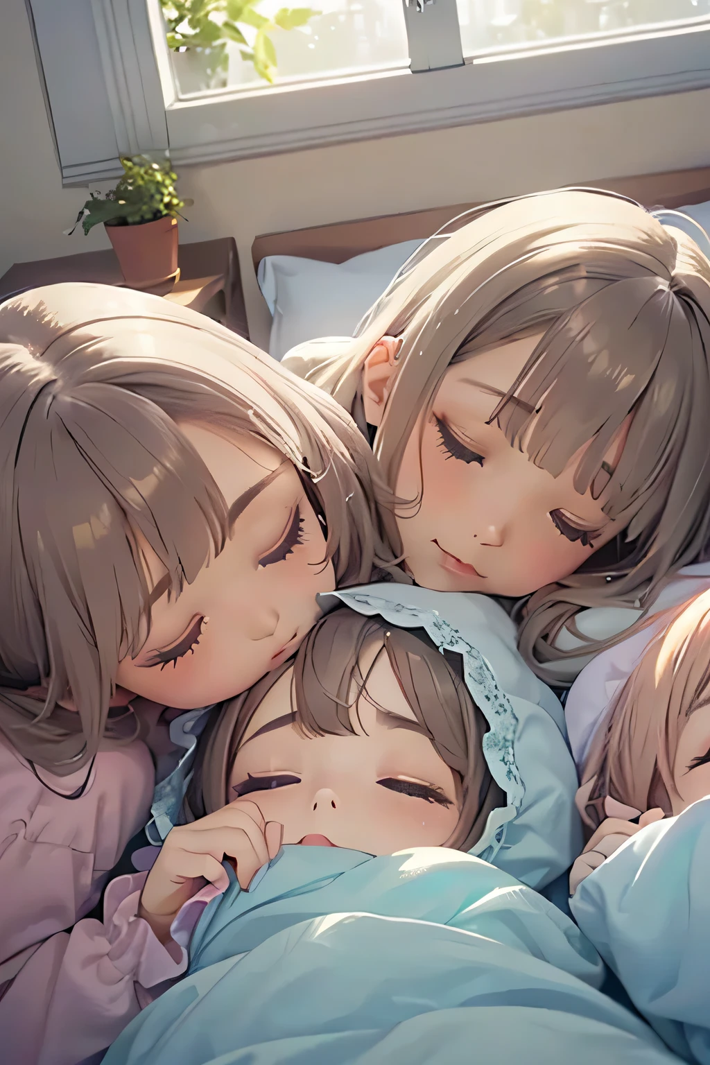 Highest quality、High resolution、Detailed Background、(Beautiful face in every detail:1.4)、Anatomically correct、(Detailed facial expressions)、(Detailed eyes:1.2)、Teenage beauty、(Highly detailed face:1.4)、Cute hair colour、Cute hairstyle、Bright room by the window、White or light-colored beds and duvets、Fluffy cushions etc.、A clean space that creates a feminine atmosphere、Adding plants and stuffed toys will create a more adorable atmosphere.、Pajamas in pastel colors、
(Three sleeping girls:1.5)