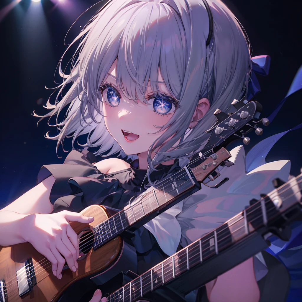 (((1 person　Gray Hair　dress　singer　blue eyes)))　((High resolution　short hair　青いdress　Black Skirt　Rin々Funny face))　((Close-up))　((Open your mouth　Shining Aura　On stage　Guitar solo))　(smile　Exposure to blue light)　Shining Background　Shining Edge