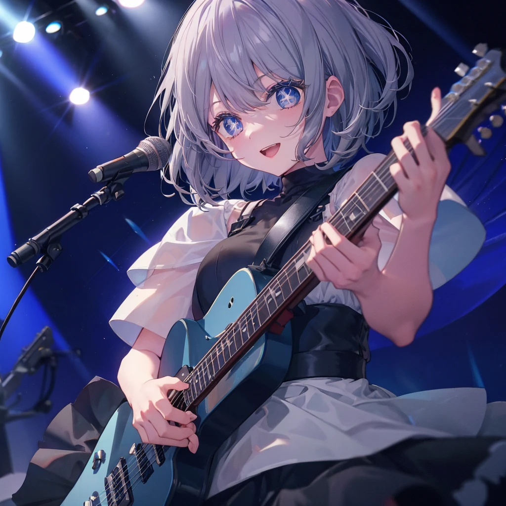(((1 person Gray Hair dress singer blue eyes))) ((High resolution short hair 青いdress Black Skirt Rin々Funny face)) ((Close-up)) ((Open your mouth Shining Aura On stage Guitar solo)) (smile Exposure to blue light) Shining Background Shining Edge