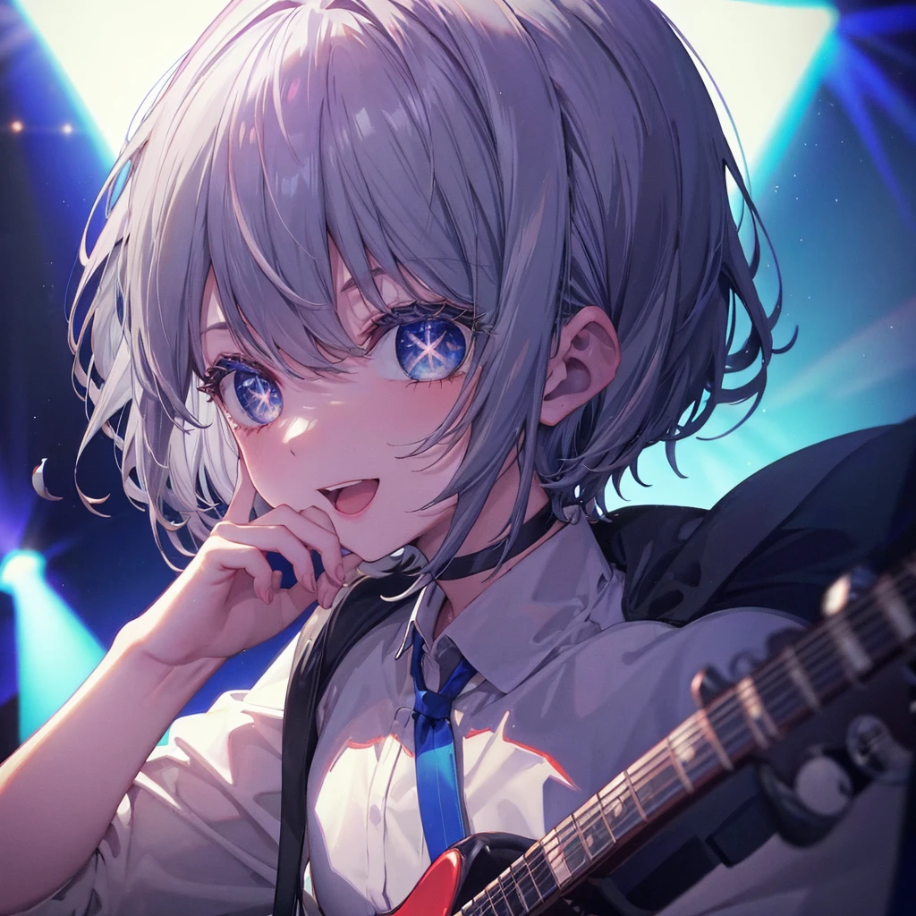 (((1 person Gray Hair dress singer blue eyes))) ((High resolution short hair 青いdress Black Skirt Rin々Funny face)) ((Close-up)) ((Open your mouth Shining Aura On stage Guitar solo)) (smile Exposure to blue light) Shining Background Shining Edge