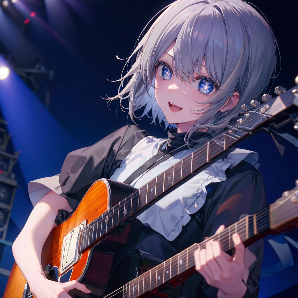(((1 person Gray Hair dress singer blue eyes))) ((High resolution short hair 青いdress Black Skirt Rin々Funny face)) ((Close-up)) ((Open your mouth Shining Aura On stage Guitar solo)) (smile Exposure to blue light) Shining Background Shining Edge