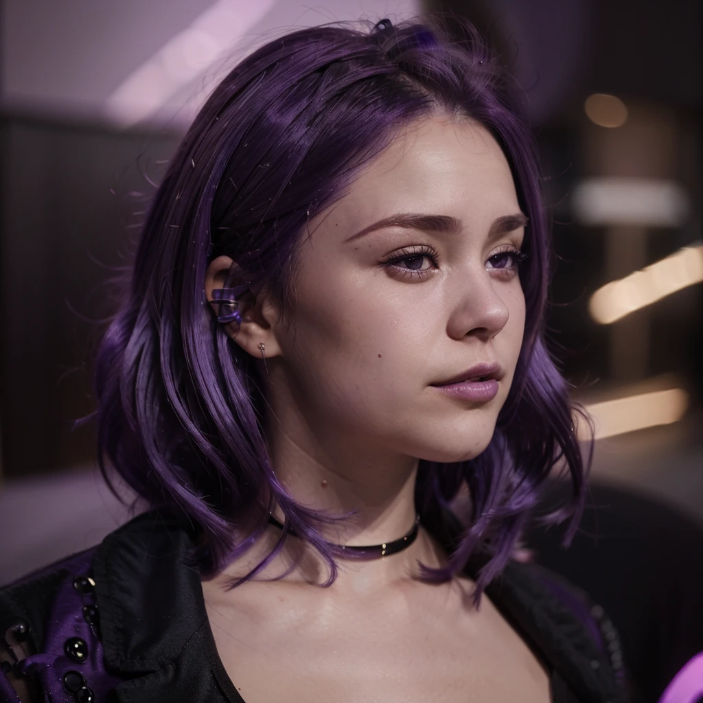 (((Venus Hum))) (((Purple hair))) close-up photo of a woman, night city background, photo realistic, 8k