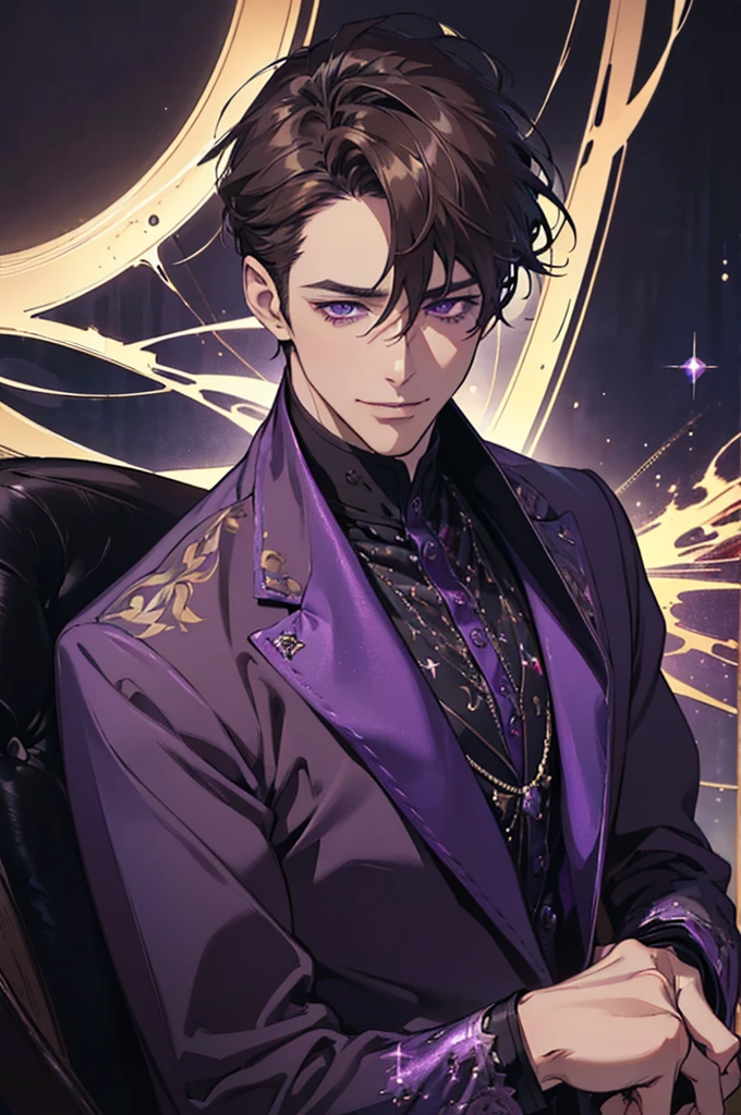 {(Best Quality, 8k, Masterpiece, HDR, soft lighting, Perfect picture, digital illustration, Manga art, Hyper detailed image, perfect lines, realist)} 1 very handsome 40 year old man, short dark blonde hair, violet eyes, luxurious clothing (imposing posture, smiling), {(black background with purple sparkles)}