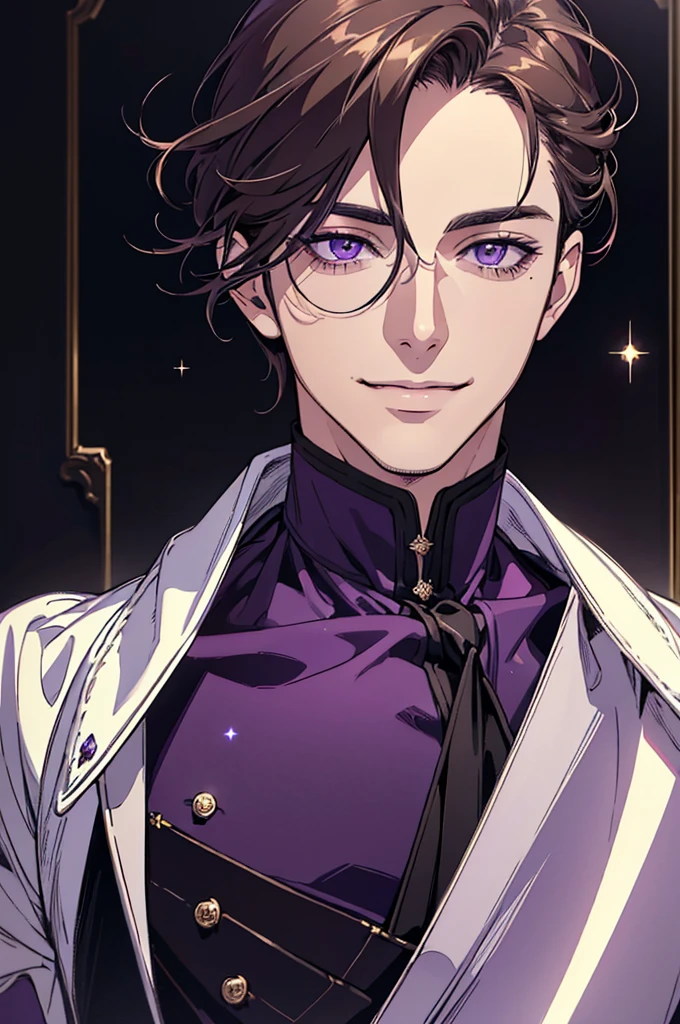 {(Best Quality, 8k, Masterpiece, HDR, soft lighting, Perfect picture, digital illustration, Manga art, Hyper detailed image, perfect lines, realist)} 1 very handsome 40 year old man, short dark blonde hair, violet eyes, luxurious clothing (imposing posture, smiling), {(black background with purple sparkles)}