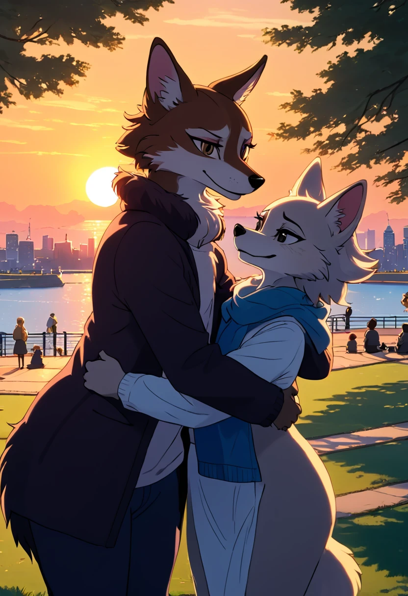 Juno and Legosi from Beastars are cuddle at the park,in the sunset