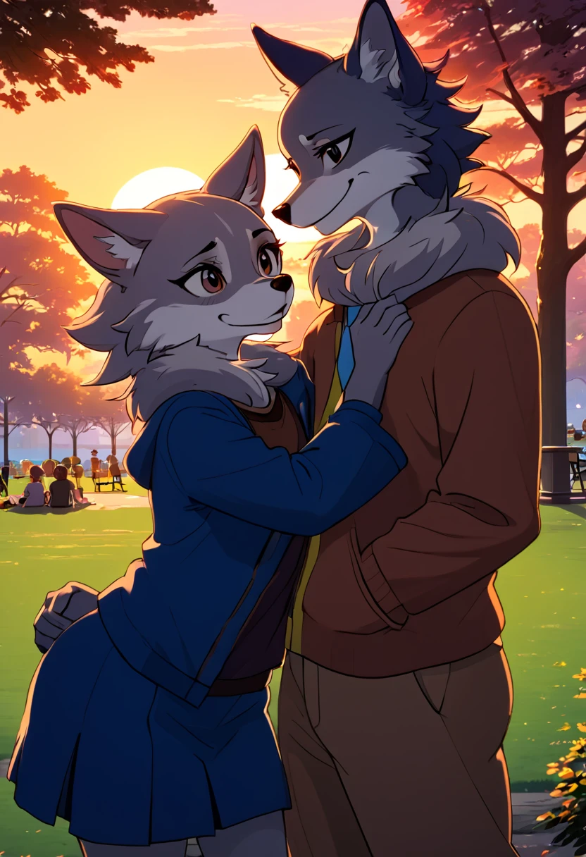 Juno and Legosi from Beastars are cuddle at the park,in the sunset