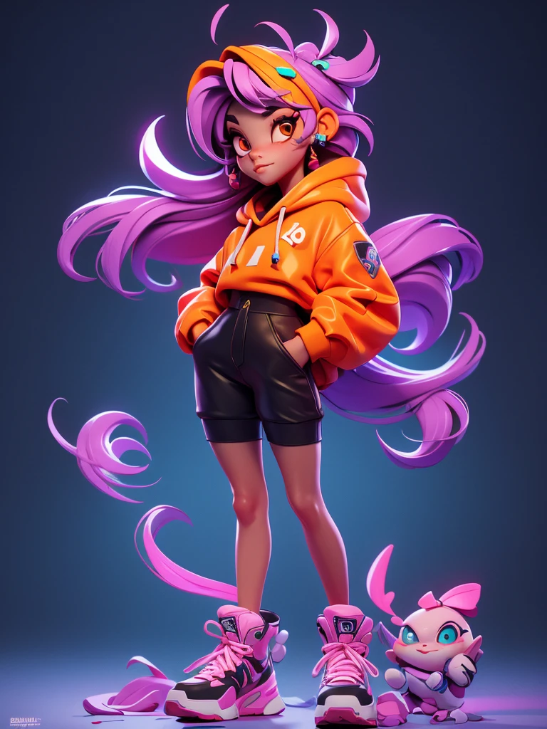 gorgeous hip-hop girl, orange neon hoodie, graffiti, emissive, bloom