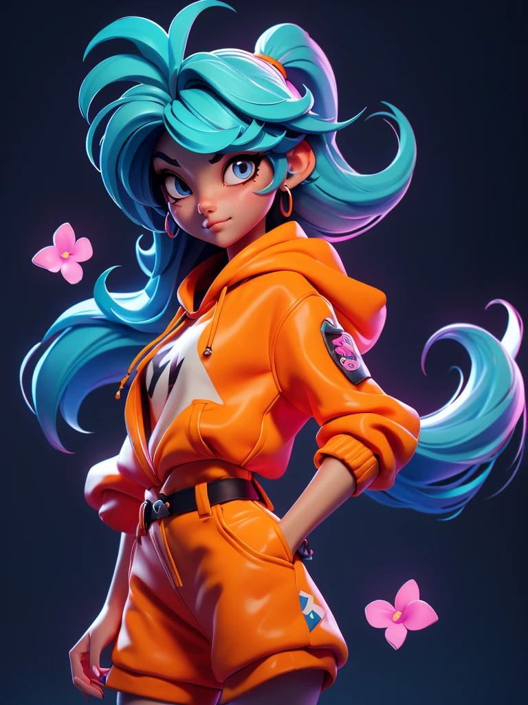 gorgeous hip-hop girl, orange neon hoodie, graffiti, emissive, bloom