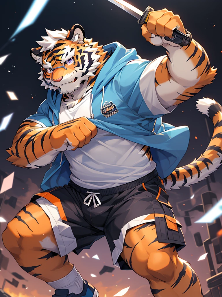 masterpiece, high quality, anime, detailed eyes, male kosutora, anthro, tiger, Great physique, strong arms manly, Casual suit, (((orange tiger))), (((white hair))), goatee, white eyebrows, detailed purple eyes, tall, Joyful, (short sleeves blue hoodie), (((shorts cargo))), by zixiong, red katana sword, glasses, action pose,