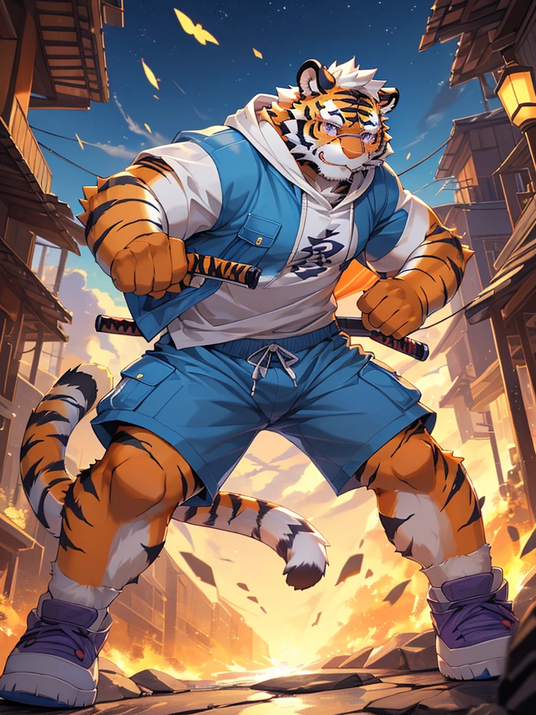 masterpiece, high quality, anime, detailed eyes, male kosutora, anthro, tiger, Great physique, strong arms manly, Casual suit, (((orange tiger))), (((white hair))), goatee, white eyebrows, detailed purple eyes, tall, Joyful, (short sleeves blue hoodie), (((shorts cargo))), by zixiong, red katana sword, glasses, action pose,