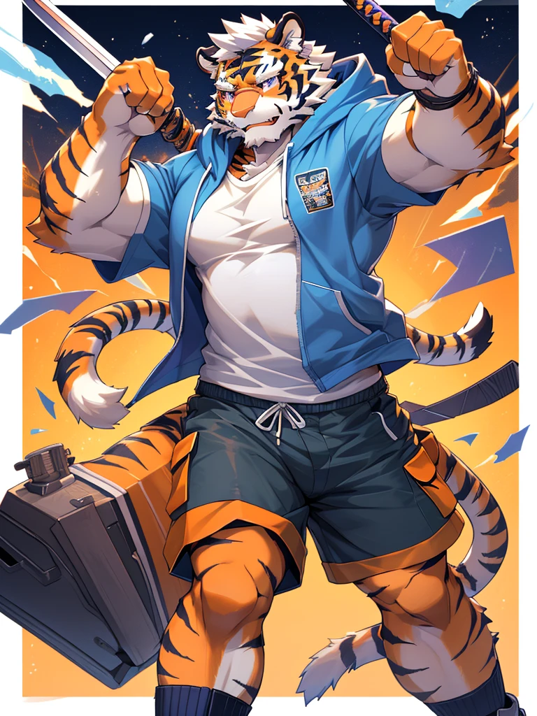 masterpiece, high quality, anime, detailed eyes, male kosutora, anthro, tiger, Great physique, strong arms manly, Casual suit, (((orange tiger))), (((white hair))), goatee, white eyebrows, detailed purple eyes, tall, Joyful, (short sleeves blue hoodie), (((shorts cargo))), by zixiong, red katana sword, glasses, action pose,